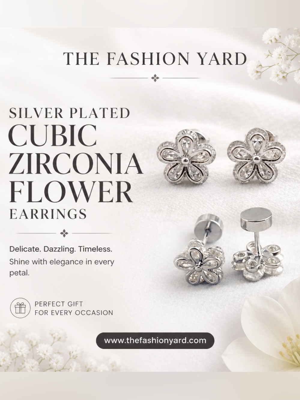 Silver plated stainless steel cubic zirconia flower screw back earrings